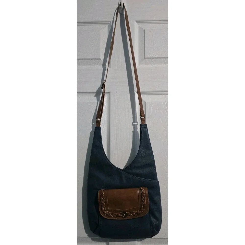 Vintage Bueno Blue Brown Vegan Hobo Shoulder Strap Crossbody Bag Purse Boho Teal